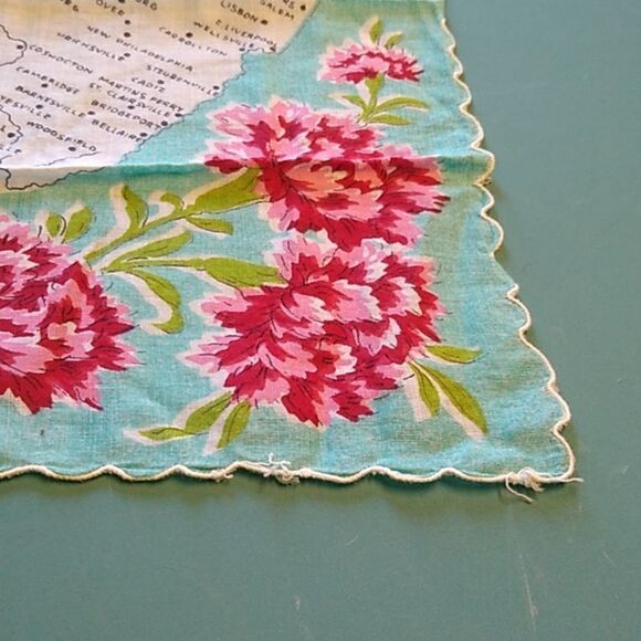 Vintage Ohio Map Handkerchief Floral scalloped Edges Travel Towns Building's - Picture 5 of 8